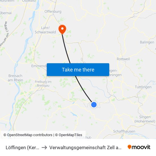 Löffingen (Kernstadt) to Verwaltungsgemeinschaft Zell am Harmersbach map