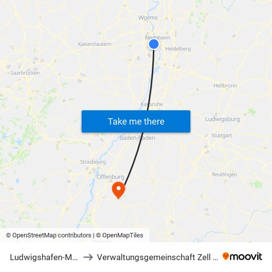 Ludwigshafen-Mundenheim to Verwaltungsgemeinschaft Zell am Harmersbach map