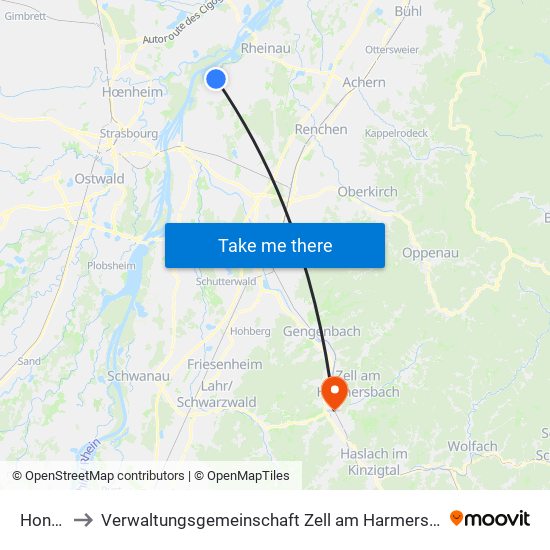 Honau to Verwaltungsgemeinschaft Zell am Harmersbach map