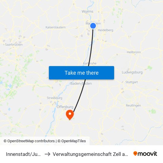 Innenstadt/Jungbusch to Verwaltungsgemeinschaft Zell am Harmersbach map