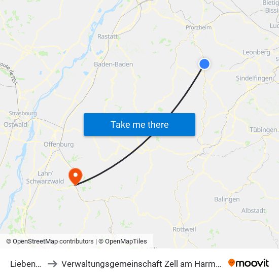 Liebenzell to Verwaltungsgemeinschaft Zell am Harmersbach map