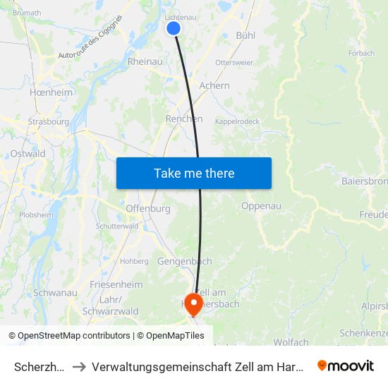 Scherzheim to Verwaltungsgemeinschaft Zell am Harmersbach map