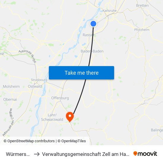 Würmersheim to Verwaltungsgemeinschaft Zell am Harmersbach map