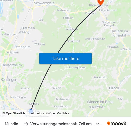 Mundingen to Verwaltungsgemeinschaft Zell am Harmersbach map