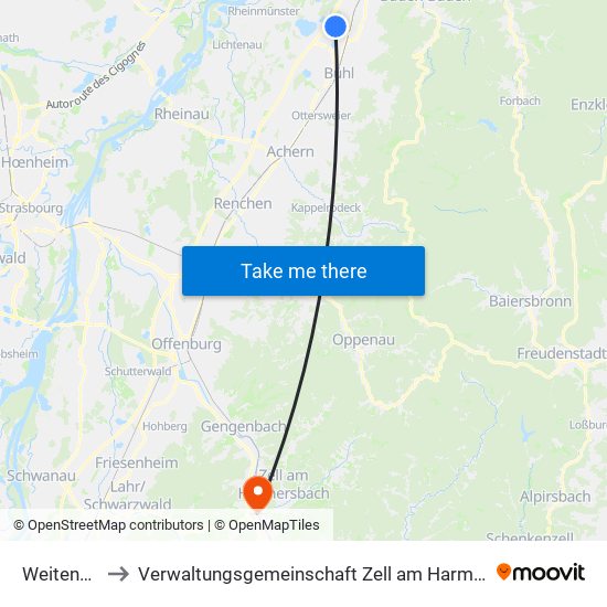 Weitenung to Verwaltungsgemeinschaft Zell am Harmersbach map