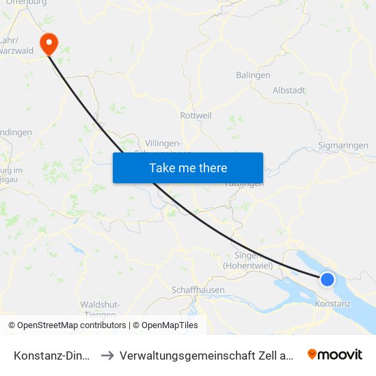 Konstanz-Dingelsdorf to Verwaltungsgemeinschaft Zell am Harmersbach map