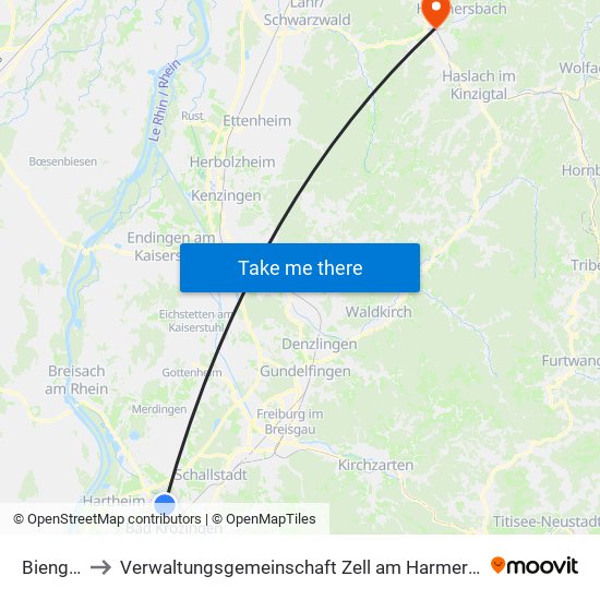 Biengen to Verwaltungsgemeinschaft Zell am Harmersbach map