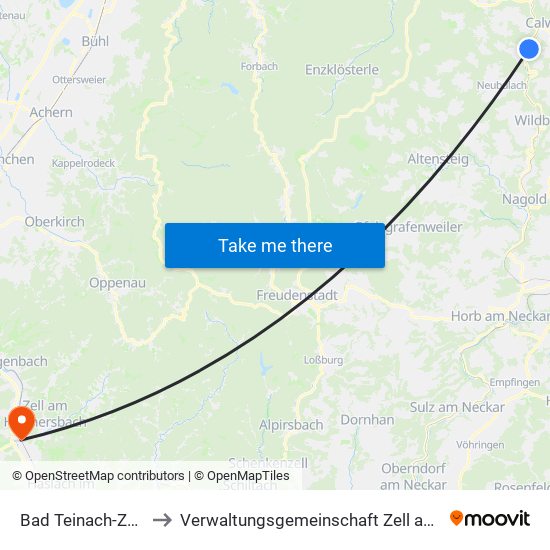 Bad Teinach-Zavelstein to Verwaltungsgemeinschaft Zell am Harmersbach map