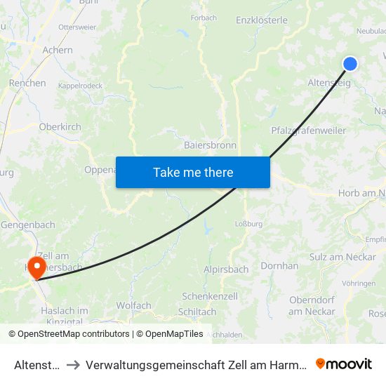 Altensteig to Verwaltungsgemeinschaft Zell am Harmersbach map