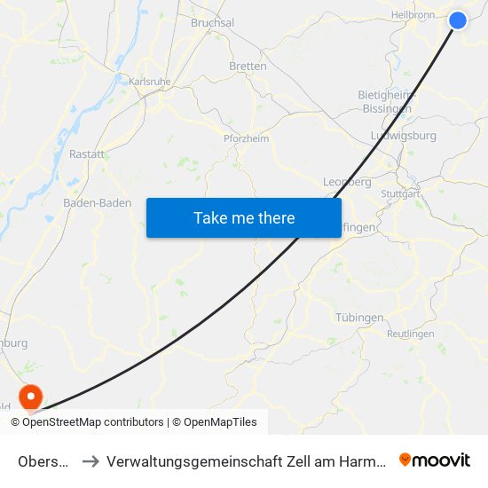 Obersulm to Verwaltungsgemeinschaft Zell am Harmersbach map