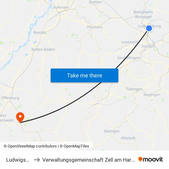 Ludwigsburg to Verwaltungsgemeinschaft Zell am Harmersbach map