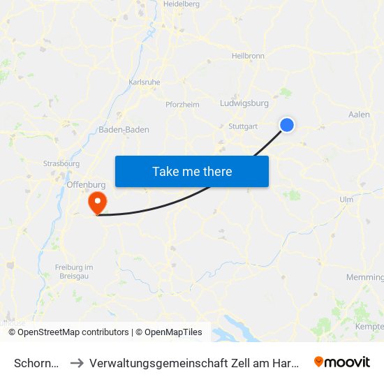 Schorndorf to Verwaltungsgemeinschaft Zell am Harmersbach map