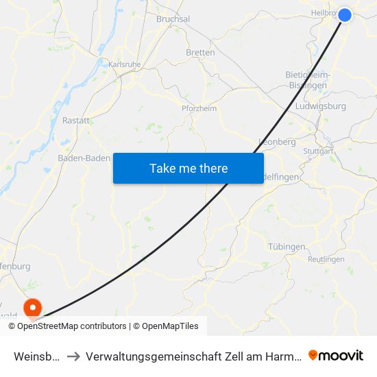 Weinsberg to Verwaltungsgemeinschaft Zell am Harmersbach map