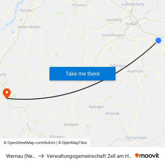 Wernau (Neckar) to Verwaltungsgemeinschaft Zell am Harmersbach map