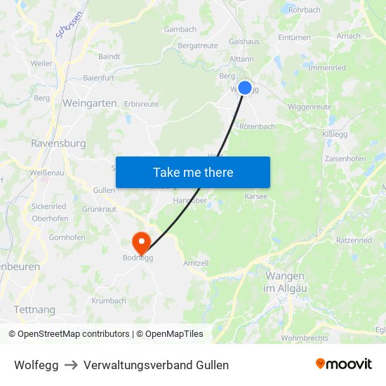 Wolfegg to Verwaltungsverband Gullen map