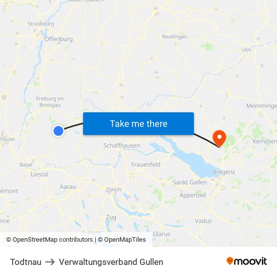 Todtnau to Verwaltungsverband Gullen map