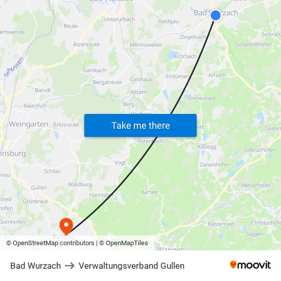 Bad Wurzach to Verwaltungsverband Gullen map