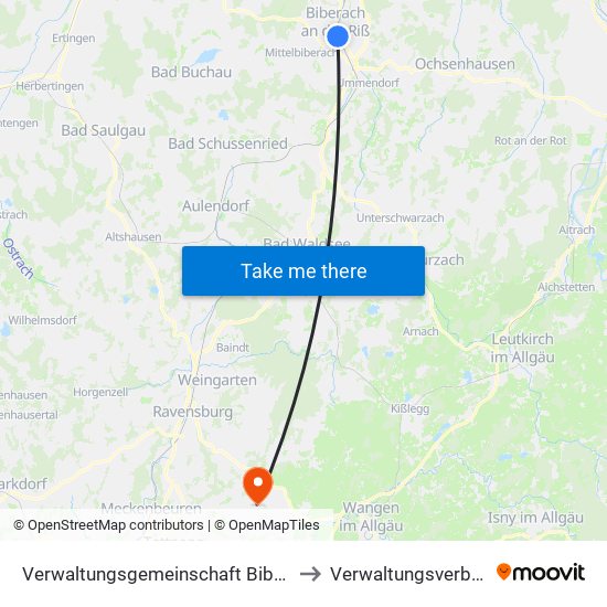 Verwaltungsgemeinschaft Biberach An Der Riß to Verwaltungsverband Gullen map