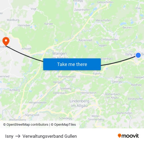 Isny to Verwaltungsverband Gullen map