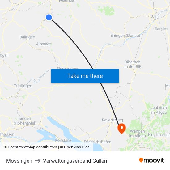 Mössingen to Verwaltungsverband Gullen map