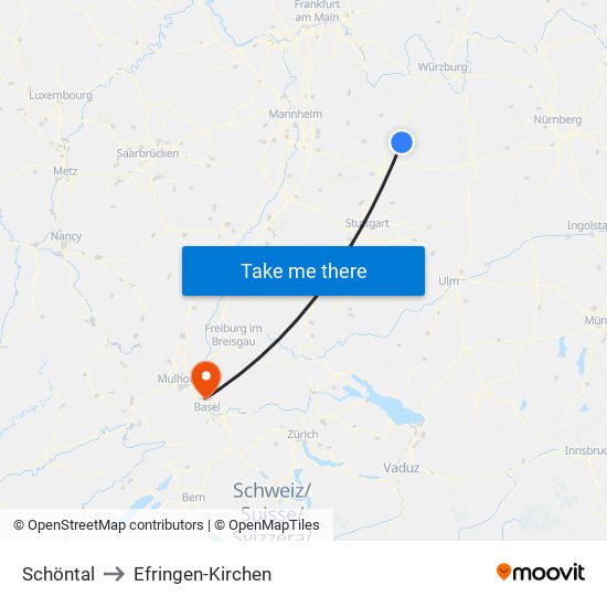 Schöntal to Efringen-Kirchen map