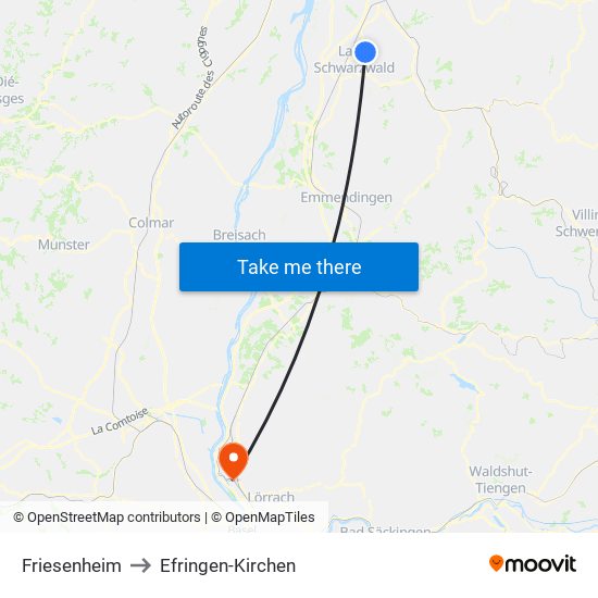 Friesenheim to Efringen-Kirchen map