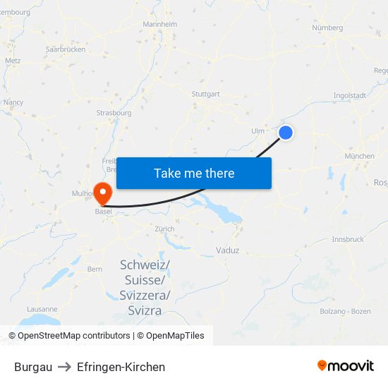 Burgau to Efringen-Kirchen map