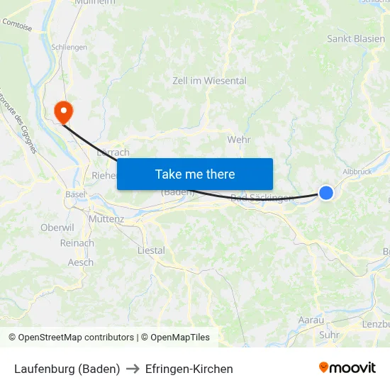Laufenburg (Baden) to Efringen-Kirchen map