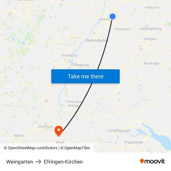 Weingarten to Efringen-Kirchen map