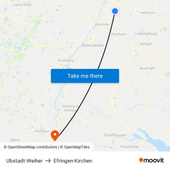 Ubstadt-Weiher to Efringen-Kirchen map