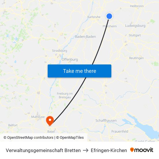 Verwaltungsgemeinschaft Bretten to Efringen-Kirchen map