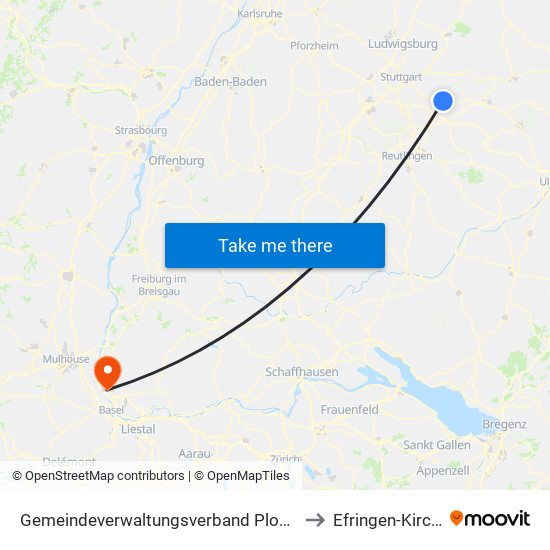 Gemeindeverwaltungsverband Plochingen to Efringen-Kirchen map