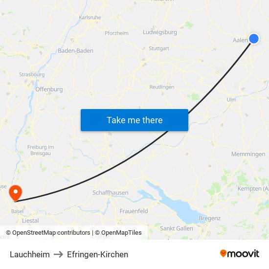 Lauchheim to Efringen-Kirchen map