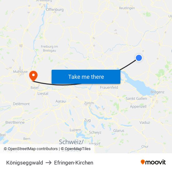 Königseggwald to Efringen-Kirchen map