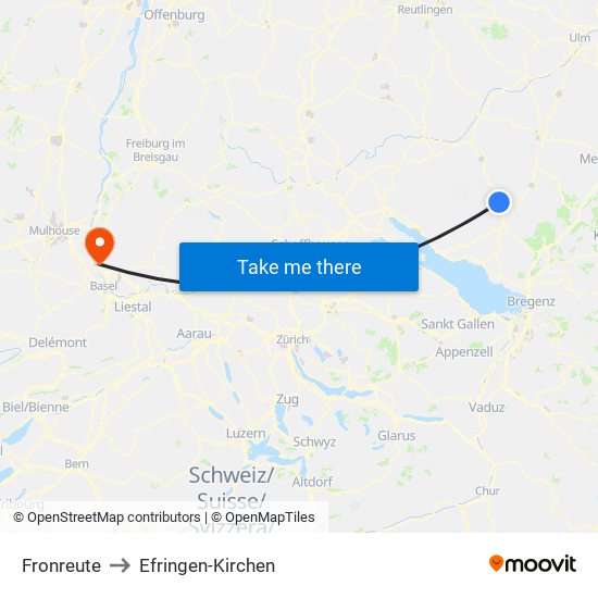 Fronreute to Efringen-Kirchen map