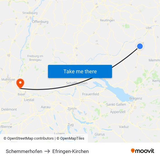 Schemmerhofen to Efringen-Kirchen map