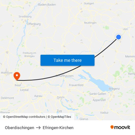 Oberdischingen to Efringen-Kirchen map