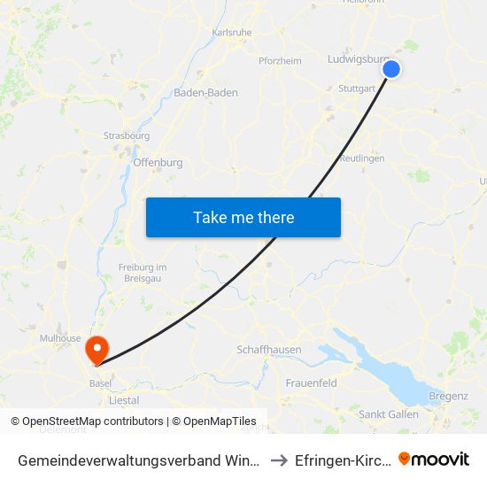 Gemeindeverwaltungsverband Winnenden to Efringen-Kirchen map