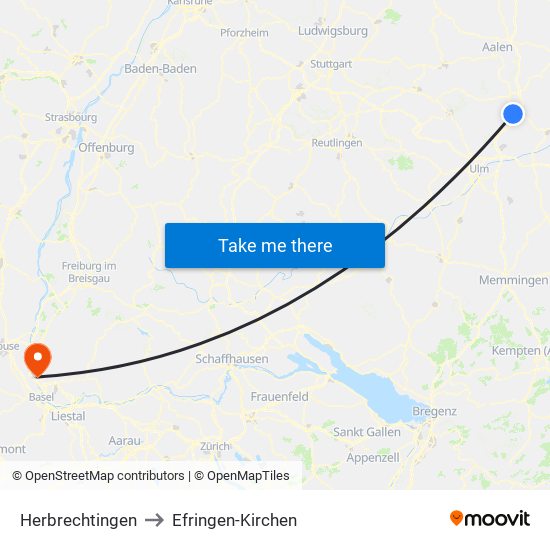 Herbrechtingen to Efringen-Kirchen map