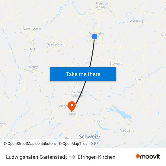 Ludwigshafen-Gartenstadt to Efringen-Kirchen map