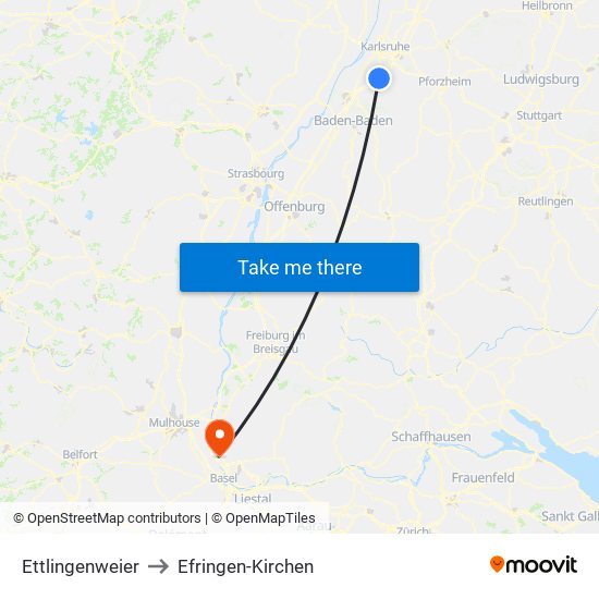 Ettlingenweier to Efringen-Kirchen map