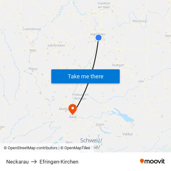 Neckarau to Efringen-Kirchen map