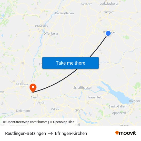 Reutlingen-Betzingen to Efringen-Kirchen map