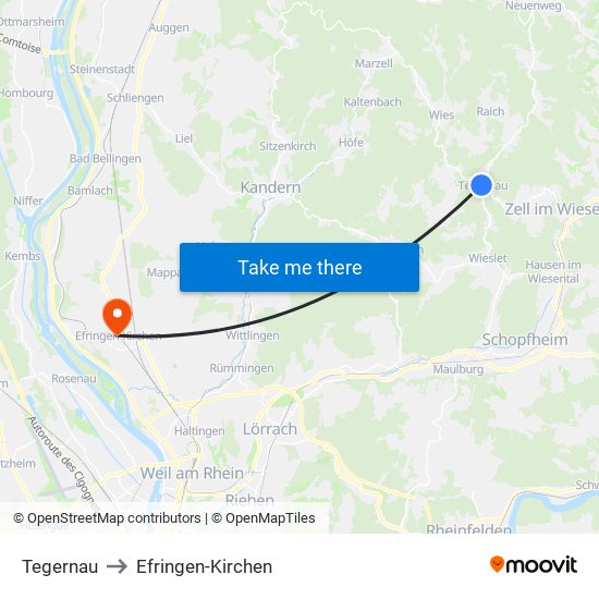 Tegernau to Efringen-Kirchen map