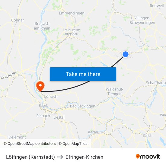 Löffingen (Kernstadt) to Efringen-Kirchen map