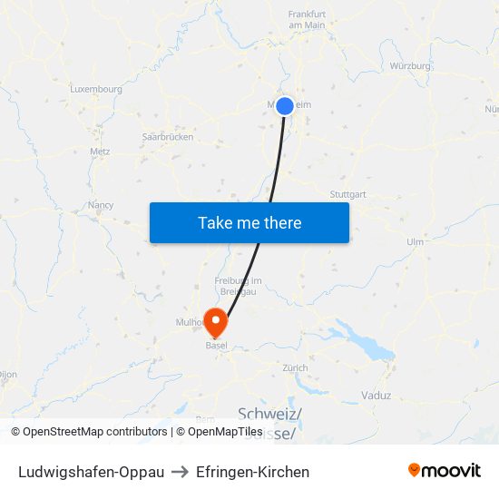 Ludwigshafen-Oppau to Efringen-Kirchen map