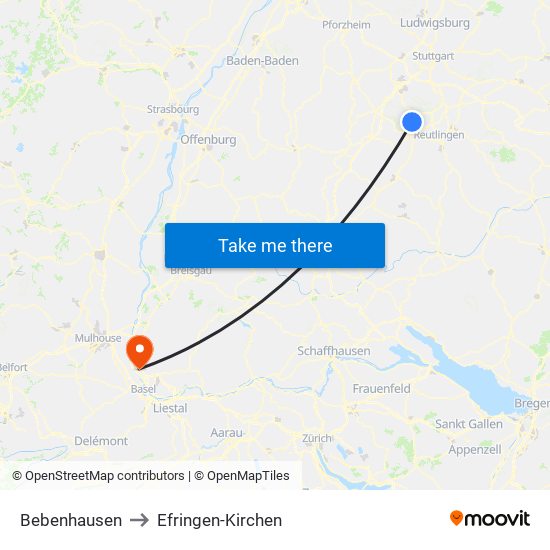 Bebenhausen to Efringen-Kirchen map