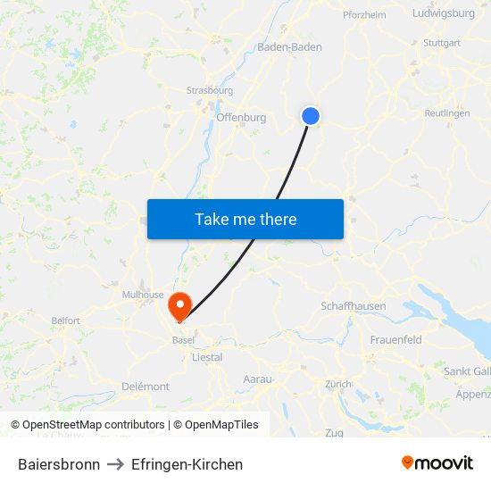 Baiersbronn to Efringen-Kirchen map