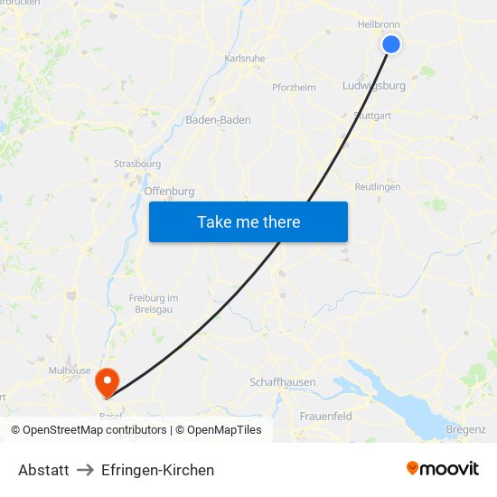 Abstatt to Efringen-Kirchen map