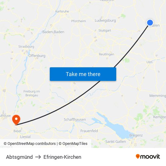 Abtsgmünd to Efringen-Kirchen map